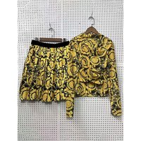 Retro geometric print cross pleated pullover two-piece set for 2026 summer women's clothing+loose pleated half length skirt set