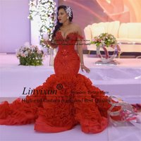 Luxury Off Shoulder Mermaid Prom Dresses Customized Appliques Beaded Birthday Evening Party Gown Ruffles Court Train Robe De Bal