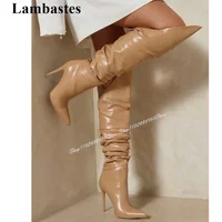 Knee High Khaki Pleated Leather V-top Boots Thin High Heel Women Shoes Slip-On Pointed Toe 2024 Fashionable Zapatos Para Mujere