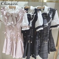Liz Japanese Mines Mass-produced Sweet Diamond Buckle Love Bow Lolita Sets Lace Short-sleeved Dress Shorts Kawaii Girls Outfit