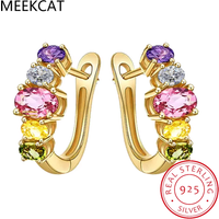 Natural Oval Citrine Peridot Amethyst Garnet Pink Topaz Hoop Earrings 925 Sterling Silver For Women Colorful Gemstone Jewelry