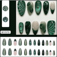 24Pcs Blue Almond Press on Nails with 3D Pearl Design Mid-length Oval False Nails Tips Bow Pattern Wearable Fake Nail for Women