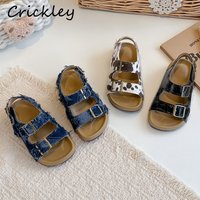 2026 Cow Pattern Denim Girls Boys Sandals PU Buckle Soft Kids Cork Sandals Hook Loop Anti Slip Children Beach Shoes