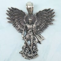 Buy 4 Get 1 Free Flames-gilded wings pierce the shadows, Michael stands upon the clouds with upraised sword Silver platedPendant