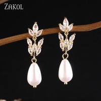 ZAKOL Classic Imitation Pearl Leaf Shaped Women's Dangle Earrings Inlaid Zircon Elegant Simple Bridal Wedding Jewelry Female
