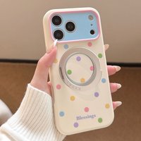 INS Colorful Polka Dots Magnetic Bracket Liquid Case for iPhone 17 16 15 14 Pro Max 360° Rotating Mount Shockproof Soft Case