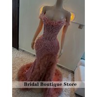 Amazing Pink Off The Shoulder Prom Dress Diamonds Gems Ruffles Tulle Mermaid Evening Gowns Formal Party Dress Customized