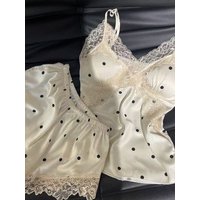Polka Dot Summer Fashion Sexy Cute Home Clothes Set Women's Strap Sleepwear with Chest Pad Lace Trim Short Sleeve V-Neck