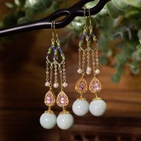 A-Grade Green Jade Earrings, 925 Silver Gold Plated with Pink Tourmaline Gourd & Pearl, Chinese Style Gemstone Jewelry Gift