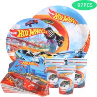 97-Piece Hot Wheels Themed Tableware Set, Featuring Cool Sports Car Prints with Orange Track Elements, Complete Set of Disposable Paper Plates, Paper Cups, and Napkins, Boys' Racing-Themed Birthday