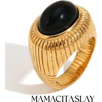 MamacitaSlay 18K Gold Plated Vintage Oval Black Agate Stripes Rings Stainless Steel Ring Woman Jewelry Women Finger Decoration