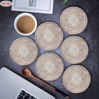 2D Flat 6pcs 4in Round Wooden Coaster Heat Resistant Non-Slip Single-Sided Color Print Mandala Flower Restaurant Kitchen Coaster