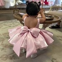 Toddler Blush Princess Satin Mini Dress Thin Straps Low Back Oversized Bow Newborn Cake Smash Birthday Party Baby Formal Outfit
