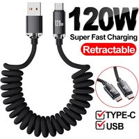 120W USB C to Type C Fast Charge Spring Cable Retractable Car Charger Data Cord for iPhone 17/16/15 Samsung Xiaomi Type C Phones