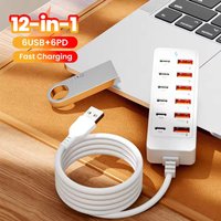 12-in-1 USB Splitter Socket 6USB+6PD Fast Charging Plug USB2.0 High Speed Data Transfer Converter for Home Office