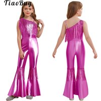 Girls 70S Disco Vintage Jumpsuit Metallic Shiny Sequins Tassels Bodysuit Hippie Bell Bottom Jazz Dance Rave Party Romper Costume
