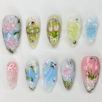 24pcs Dreamy Garden Press on Nails Mini Flowers Stick on Nails Bow Butterfly Diamond Pearl False Nails Spring Almond Fake Nail