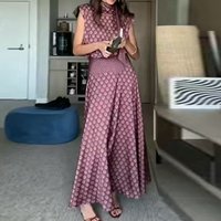 Women Casual Hight Waist Draped 2 Piece Sets Fashion Pattern Print Long Skirt Outfits Stand Collar Sleeveless Tops & Skirt Suit