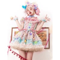 Japanese Style Lolita OP Sweet Girls Cosplay Kawaii Lolita Cute Striped Mesh Candy Star Fur Ball Ribbon Bow Ruffle Dress