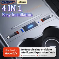 4 in 1 For Tesla Model 3 Model Y Car USB Charger TypeC 27W PD Type C QC 3.0 with Retractable Cable USB Center Console Adapter