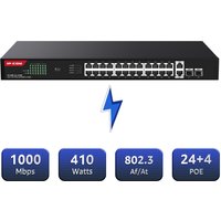 28 Port Gigabit PoE Switch 24 Port PoE with 2 x Uplink Gigabit Ports, 2 x 1G SFP Slots 410W Plug and Play 802.3af/at Metal Case