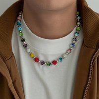 KunJoe Hip-hop Colorful Rhinestones Round Ball Beaded Choker Necklace Men Trendy Adjustable Collar Chain Y2K Jewelry Accessories