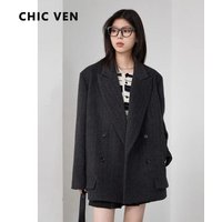 CHIC VEN Frauen Woolen Blazer Casual Büro Dame Lose Breite Schulter Anzug Mode Retro Streifen Mantel Frühling Herbst Neue 2025
