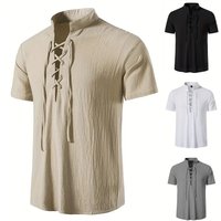 Men's Retro Shirt Short Sleeve Cotton Linen Lightweight Breathable Solid Color Fashion Tops Pirate V-neck Male Stylish Shirs image 4