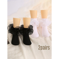 2 Pairs of Children's Ruffled Princess Short Socks, White and Black Thin Dance Socks for Girls Aged 1-12, Suitable for Daily Wear in All Seasons