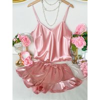 2Pcs Women Pink Satin Sleepwear Set V Neck Cami Top with Ruffle Shorts Sexy Breathable Loungewear Pajama for Home