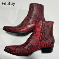 Snake Printed cowhide boots Genuine Leather Boots Pointed Toe Fashion Personality Side Zipper Casual Shoes Dress Shoes For Men