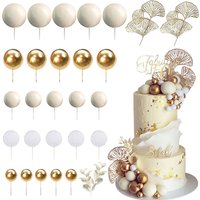30Pcs Cream Gold Cake Topper Balls Gold Ginkgo Leaves DIY Boho Birthday Wedding Anniversary Cake Insert Decorations