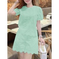2024 Summer Short Sets Women Bohemain Matching Sets ZANZEA Elegant Lace Patchwork Blouse Trousers Suit Fashion Work Tracksuits