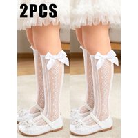 2Pcs Girls Bow Lace Knee High Socks Breathable Mesh Princess Socks For Summer, Parties, Dress Matching & Casual Everyday Wear
