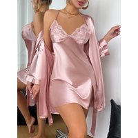 Sexy Solid Elegant Pajama Sets for Women Comfortable and Sexy V-Neck Lace Up Home Robe Nightgown 2pcs Set