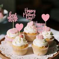 NUBECOM 24Pcs Glitter Happy Mother's Day Cake Toppers Best Mom Cupcake Toppers Heart Cupcakes Toppers Bamboo Insert Picks