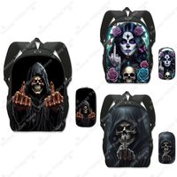 2pcs / Set Funny Grim Reaper Skull Middle Finger Pattern Backpack and Pencil Bag Rucksack School Bag Daypack Book Bag