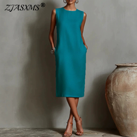 Boho Summer Women Sleeveless Midi Dress New Round Neck Straight Pocket High Waist Dress Retro Solid Casual Office Vacation Dress