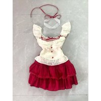 Summer Sweet Patchwork Two Piece Set Women Ruffle Lace Tops + Red Pleated Mini Skirt Suit Korea Kawaii Design Bow Cute Outfits