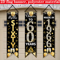 2D Flat 3Pcs Black Gold Glitter 60th Birthday Banners,1966 Hello Sixty Porch Signs,59x12 Inch for 60th Anniversary Party Decor