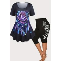 Plus Size Ladies Suit New Summer Women Hot Sales Black Oversize Casual Flower Rose Print T-Shirt Pants Two-Piece Suit