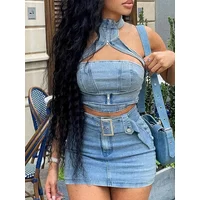 Sexy Denim Two Piece Set Women Y2K Clothes Zipper Halter Hollow Out Backless Crop Top and Mini Skirt Club Party Matching Sets