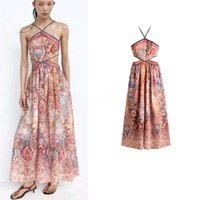 Summer New Women's Slim Fit Backless Hollow out Flared Skirt Long Hanging Neck Dress Vacation Style Polyester Fabric Gown