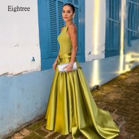 Eightree Elegant Mustard Green A Line Formal Prom Gowns Halter Backless Evening Dress Floor Length Party Dresses Customized
