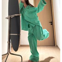 Korean-Style Striped Pajama Set For Women, New Spring And Autumn Loose Long-Sleeve Long Pants Loungewear Set