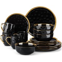 LOVECASA 16/32 Piece Black Porcelain Dinnerware Set with Gold Trim Dessert Plate,Dinner Plate,Cup,Bowl Tableware Set