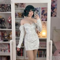 Alien Stage Cosplay Sua Mizi CAFE Crossover White Velvet Off shoulder Angel Evening Gown Wig Halloween Comic Con Festival Fancy