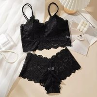 Women's Sexy Lace Bra And Panties Set Solid Color Back Hollow out Design Breathable Underwear with Lace Flower Detail No Steel R