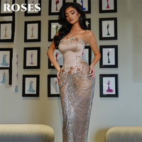 ROSES Nude Evening Dress Silver Crystal Mermaid Formal Gown Luxury Strapless Night Dresses with Draped Prom Dresses Customized