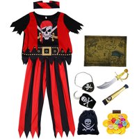 3-12Y Pirate Dress Up Costume with 7 Piece Toy Set Skull Print Top Halloween Cosplay Carnival Show Outfit Boys & Girls Holiday
